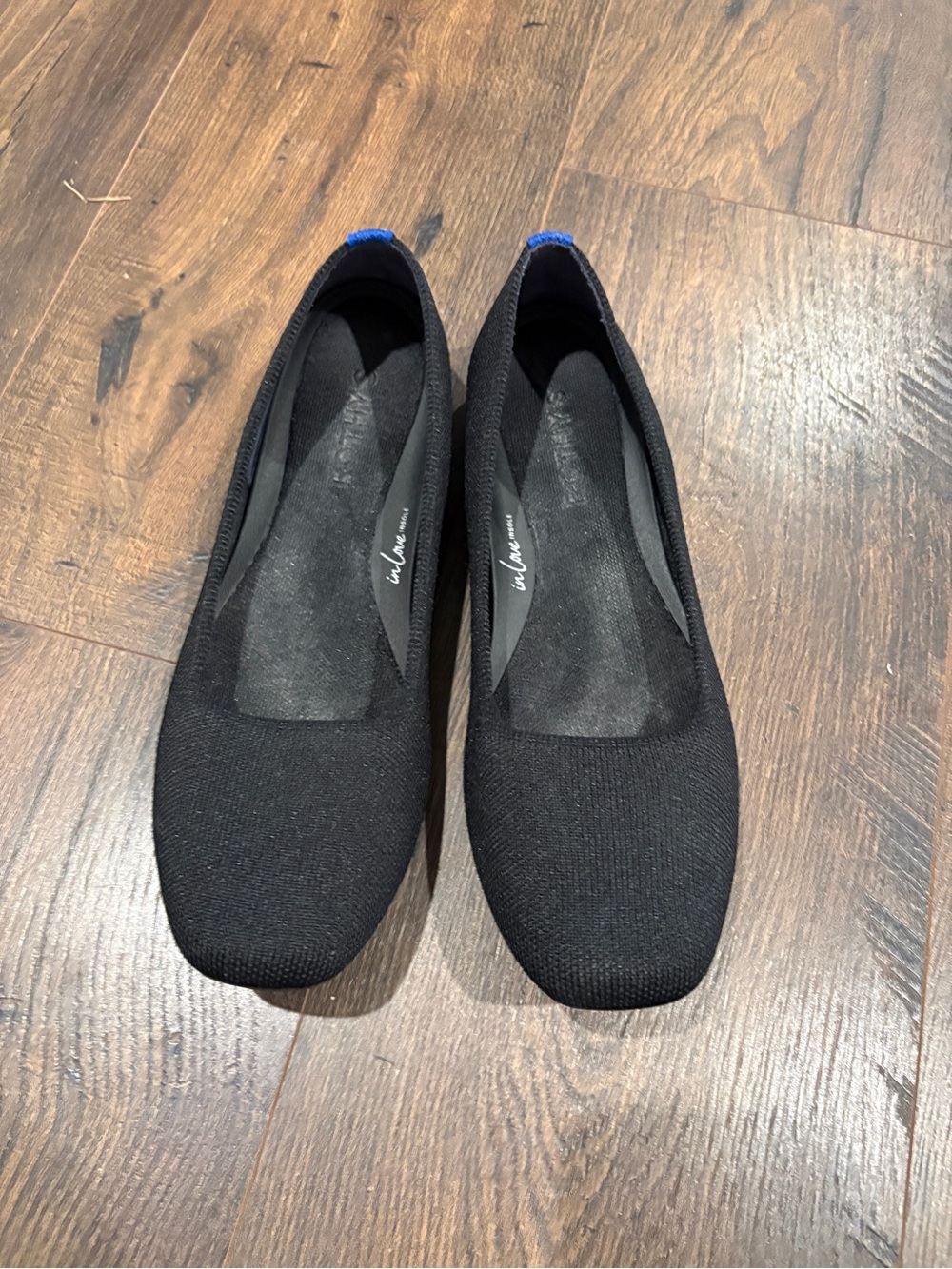 Rothy's Black Knit Square-Toe Ballet Flats with Blue Heel Tab